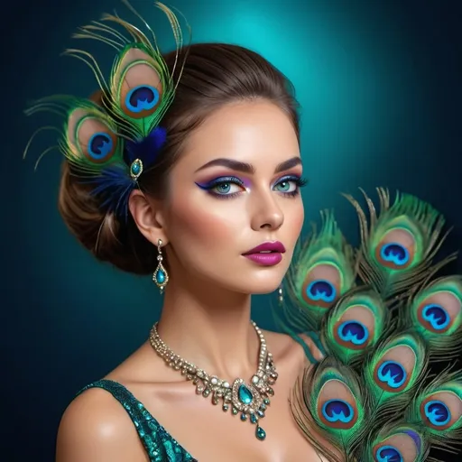 Prompt: <mymodel> Gorgeous woman with beautiful makeup and hair, peacock feathers, high-quality, detailed, realistic, elegant, vibrant colors, professional makeup, glamorous lighting, 4k resolution, portrait, detailed facial features, luxurious, exotic, peacock feathers, elegant hairstyle, stunning makeup, beauty shot