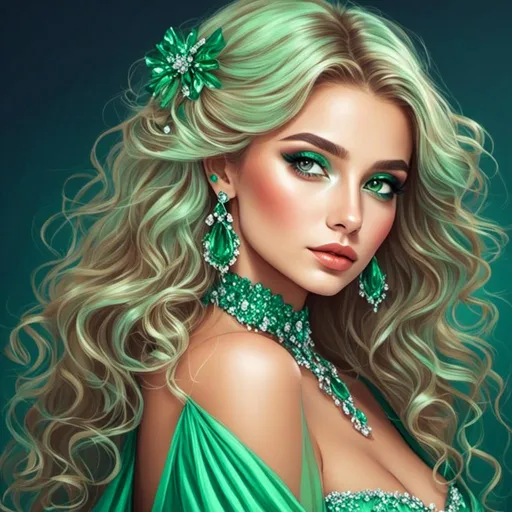 Prompt: <mymodel>Detailed illustration of a woman in vibrant green attire, large vivid green eyes, elegant makeup, digital painting, high resolution, realistic style, vibrant green, professional lighting