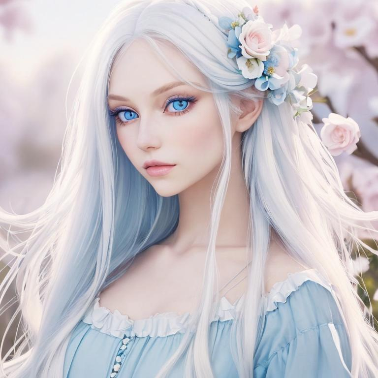 Prompt: A beautiful woman with long white hair., pretty flowers in her hair, blue eyes, pastel color palette