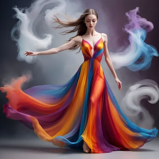 Prompt: A stunning digital artwork depicting a graceful ballerina in mid-pose, captured at the peak of her movement. She wears a magnificent, flowing dress that appears to be made of swirling, colourful smoke or liquid, creating a dynamic and ethereal effect. The dress transitions through a spectrum of vibrant colours, from deep purples and blues to fiery reds, oranges, and yellows, which seem to trail behind her as she dances. Her poised stance and the fluidity of her attire convey a sense of elegance and motion, with the dark background further emphasizing the bright, explosive colours of the dress. The image beautifully captures the essence of ballet combined with a surreal, almost magical atmosphere.