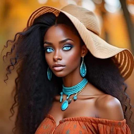 Prompt: <mymodel>Woman with dark skin, warm autumn colors, wearing turquoise jewelry,facial closeup