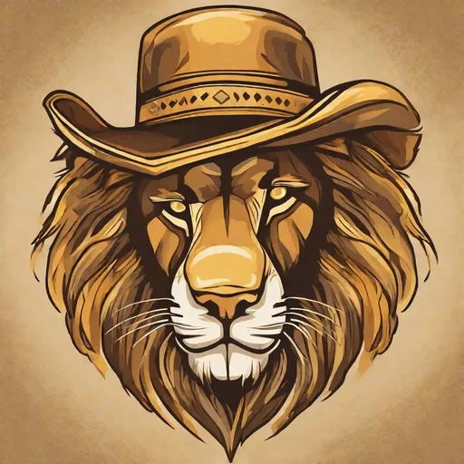 Prompt: A stylized lions head  wearing a cowboy hat in colors of tan, brown and yellow