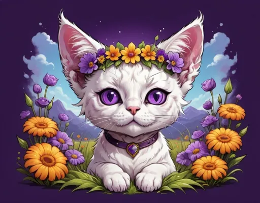 Prompt: a white cat with a flower crown on its head sitting in a field of flowers with a purple background, Carlos Catasse, fantasy art, game art, a character portrait