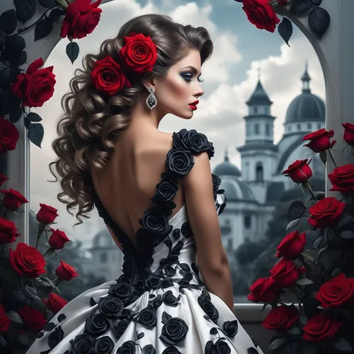 Prompt: With an air of elegance and mystery, a stunning woman adorned in a black and white gown stands poised, her back to the viewer, framed by lush red roses. Her long, luxuriant curls cascade down her back, embellished with striking red roses that complement her dramatic makeup—bold red lips and piercing blue eyes enhanced with vivid eyeshadow. The opulent gown features intricate floral designs that catch the eye, while her sparkling tiara adds a royal touch, reminiscent of a fairy tale. Behind her, a majestic castle looms under a soft, overcast sky, enveloped in a slightly ethereal mist that adds depth to the scene. The entire composition exudes a romantic yet haunting atmosphere, inviting a narrative of enchantment and intrigue.