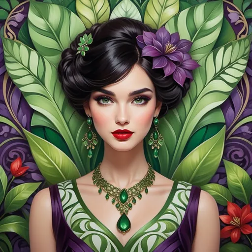 Prompt: A striking young woman gazes directly at the viewer, her fair skin contrasted against the rich greens of the stylized background that features large, abstract leaves. She wears an intricately designed dress characterized by swirling patterns of purples and greens, adorned with a necklace and matching earrings that echo the colors of her attire. Her large, expressive eyes are framed by delicate lashes, and her bold red lips add a touch of drama to her serene expression. Floral accents in her expertly styled dark hair complement the overall aesthetic, creating an enchanting atmosphere reminiscent of art nouveau. The piece exudes elegance and charm, merging beauty with a sense of nature.