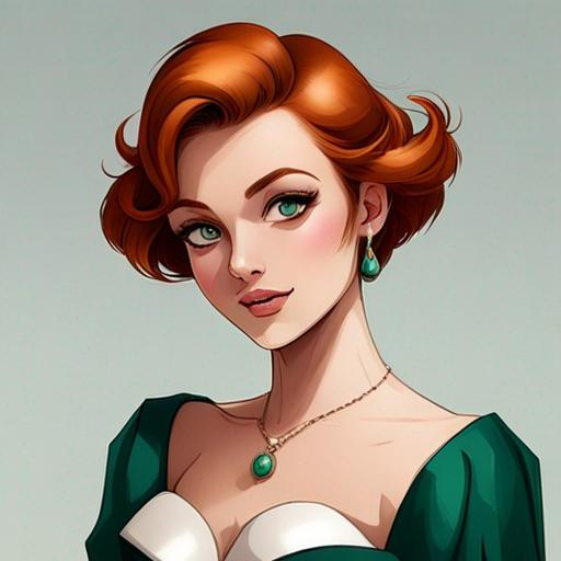 Prompt: Elegantly dressed lady,  emerald evening gown, ginger hair in an uodo, pretty makeup, facial closeup, in a cartoon style