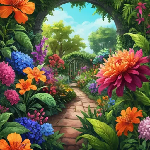 Prompt: Vibrant digital painting of a lush floral garden, rich colors and intricate details, high quality, digital art, vibrant tones, realistic, botanical, 4k, ultra-detailed, floral, lush garden, vibrant colors, digital painting, realistic details, botanical art, high-res, intricate, blooming flowers, professional, natural lighting