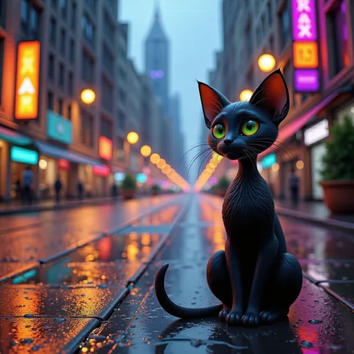 Prompt: a black cat with green eyes sitting on a sidewalk in the rain with a city street in the background, Eddie Mendoza, photorealism, pixar style, a 3D render