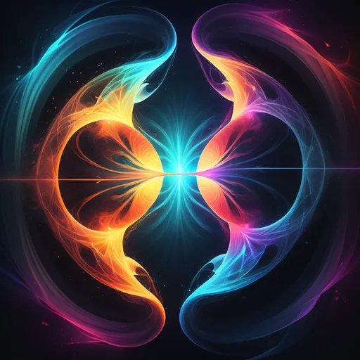 Prompt: (abstract concept of duality), vibrant colors, energy flowing between two entities, dynamic composition, contrast between light and dark, symbolic representation of balance, engaging shapes intermingling, a harmonious blend of opposing forces, depth and motion throughout, illuminating backdrop, thoughtful ambiance, high-quality 4K, ultra-detailed, dreamlike atmosphere.