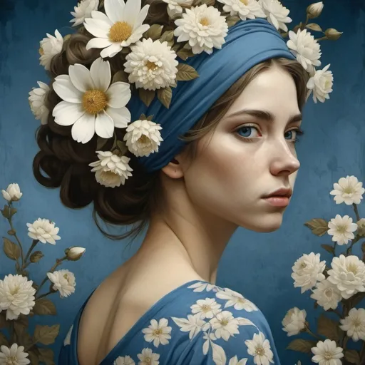 Prompt: <mymodel> a painting of a woman with flowers in her hair and a blue dress on her head, with white flowers in her hair, Brad Kunkle, rococo, highly detailed digital painting, a detailed painting