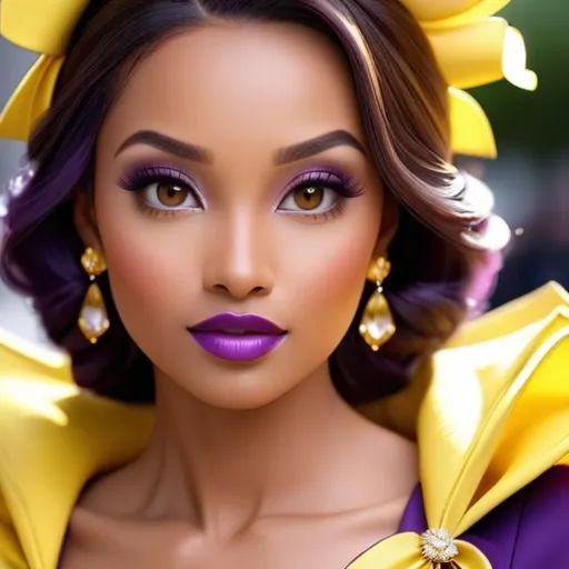 Prompt: lady in purple and yellow high class attire, facial closeup