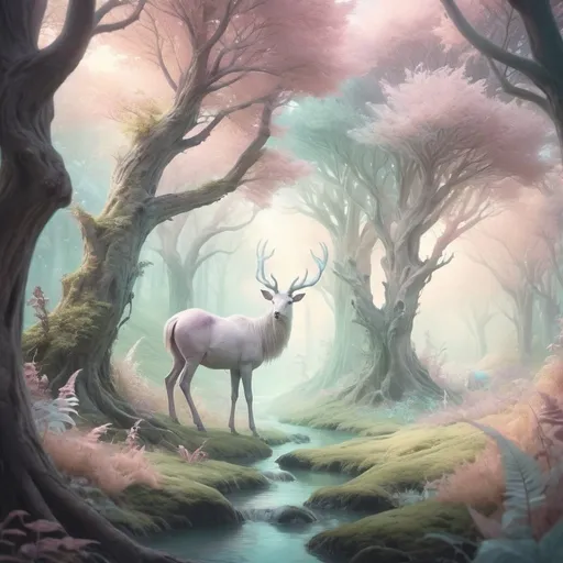 Prompt: Pastel fantasy landscape, ethereal creatures in a dreamy forest, soft color palette, high quality, detailed, fantasy, pastel, dreamy, magical, ethereal, landscape, soft colors, atmospheric lighting