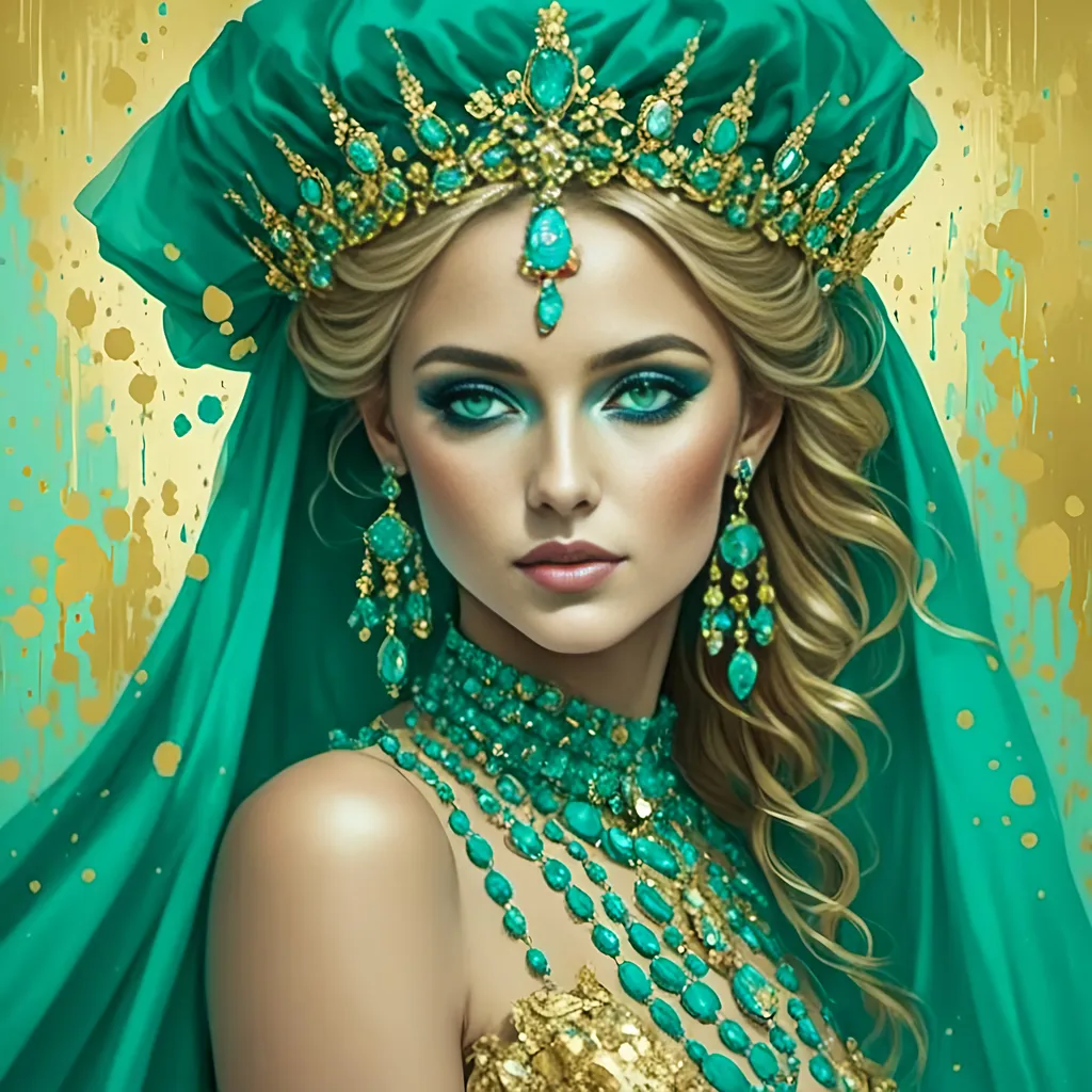 Prompt: <mymodel>An extremely gorgeous woman,  with turquoise jewels, in color scheme of turquoise and gold