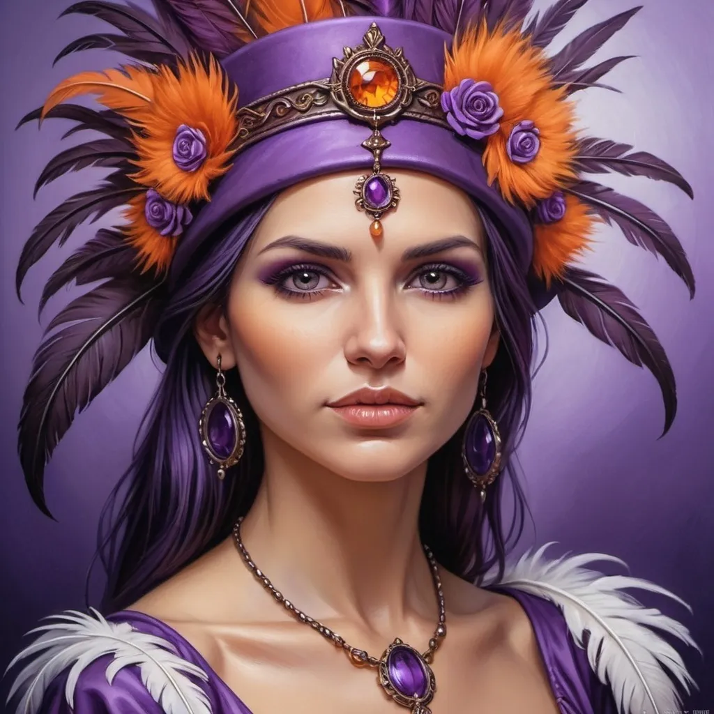 Prompt: a woman wearing a  purple and orange dress and a hat with feathers on it's head and a purple background, Anne Stokes, fantasy art, purple, a fine art painting