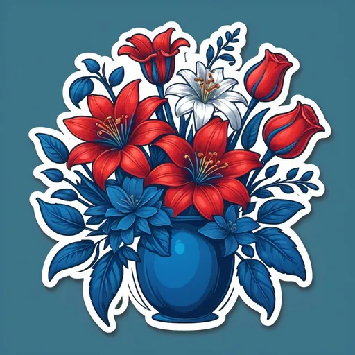 Prompt: Design a sticker featuring red flowers in various shapes (like roses, daisies, and lilies), sizes (small buds, medium blooms, large blossoms), and intricate petal patterns. The design should showcase vibrant blue hues with realistic or fantasy-inspired details, creating a detailed and visually striking floral arrangement."