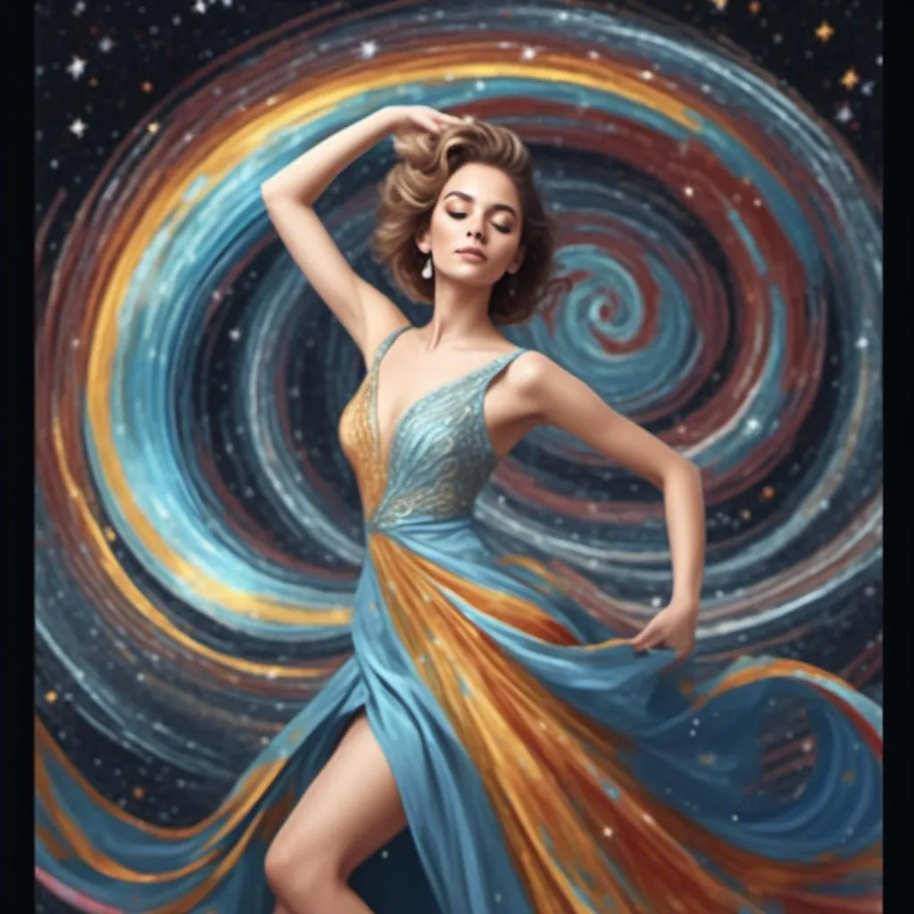 Prompt: <mymodel> a woman in a dress is dancing in front of a colorful swirl andsparkles  background with a light blue dress, Daphne McClure, arabesque, highly detailed digital painting, a digital rendering