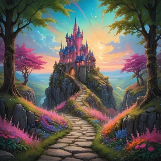 Prompt: A vibrant fantasy landscape unfolds, dominated by a majestic castle perched atop a rocky hill, adorned with tall, pointed turrets in shades of pink and blue. Lush greenery and bursts of pink, purple, and orange flowers line a winding stone path that meanders through the idyllic scene, leading towards the castle's glowing entrance. The sky radiates with a warm spectrum of colors, evoking a stunning sunrise or sunset that lights up fluffy clouds and enhances the enchanting atmosphere. Towering trees frame the scene, their thick foliage creating a sense of depth and serenity, while the overall composition captures a whimsical charm reminiscent of fairy tales. The mood is one of wonder and magic, inviting the viewer to imagine a story waiting to unfold within the castle's walls.