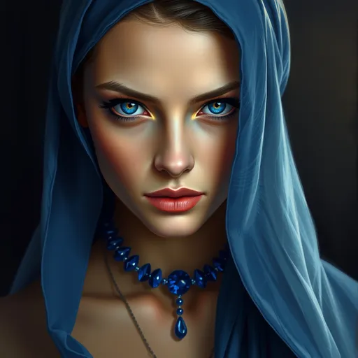 Prompt: a woman with blue eyes wearing a blue head scarf and a sapphire necklace, Art Brenner, figurative art, highly detailed digital painting, a photorealistic painting