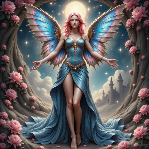 Prompt: a woman in a blue dress with wings on her back.She is standing in a flower filled frame with a sun shining above her head and a blue sky behind her, Alex Grey, psychedelic art, highly detailed digital art, a digital rendering