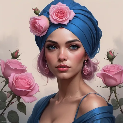 Prompt: a painting of a woman wearing a blue turban and a rose in her hair with a pink rose in the background, Charlie Bowater, fantasy art, highly detailed digital painting, a photorealistic painting