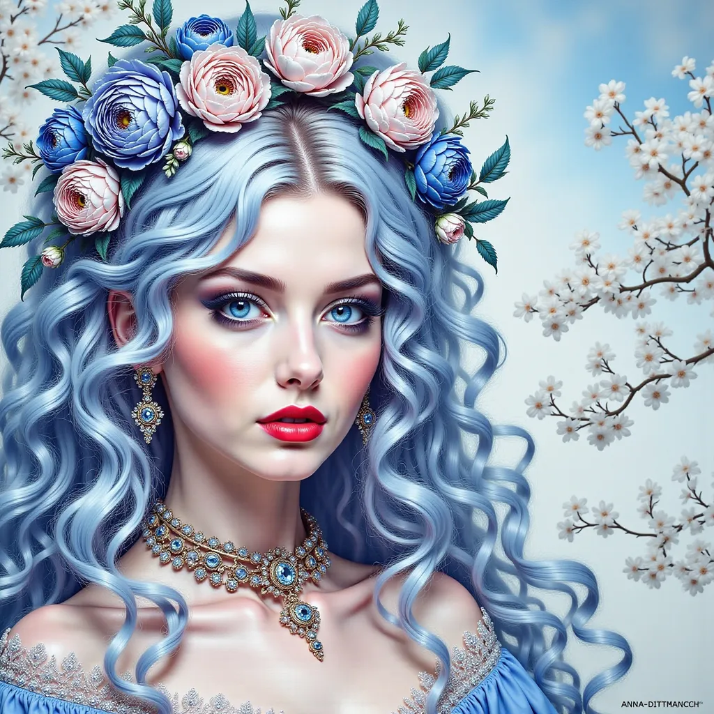 Prompt: a woman with long hair and flowers on her head, with blue hair and flowers in her hair, and a blue dress, Anna Dittmann, fantasy art, highly detailed digital painting, a digital painting