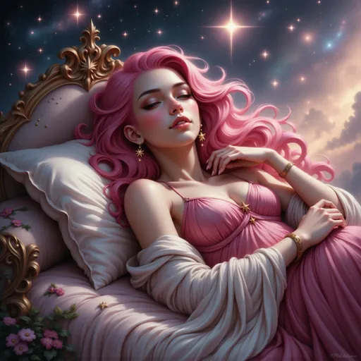 Prompt: Sleeping Beauty, enchanting fairytale scene, vibrant colors, rich details, ethereal atmosphere, dreamy background. Beautiful woman reclining on a bed in deep sleep