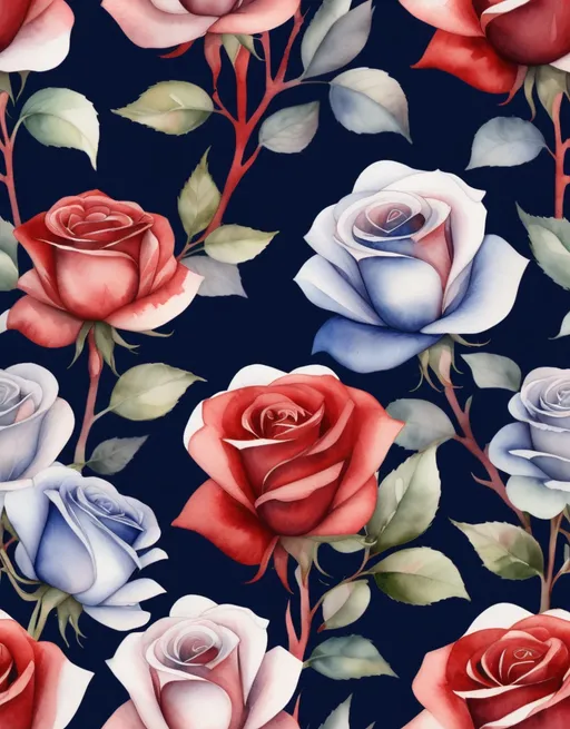 Prompt: watercolor,red, white and blue rose bush