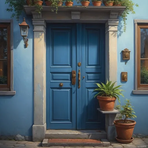 Prompt: a blue house with a potted plant and a door handle on the front of it and a potted plant in front of the door, Evgeny Lushpin, photorealism, ghibli, a painting