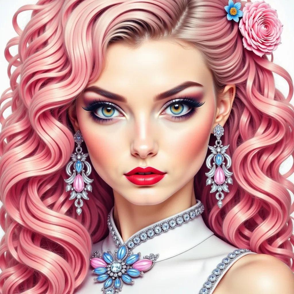 Prompt: a woman with pink hair and a flower in her hair and a necklace on her neck and earrings on her head, Artgerm, fantasy art, highly detailed digital painting, a character portrait