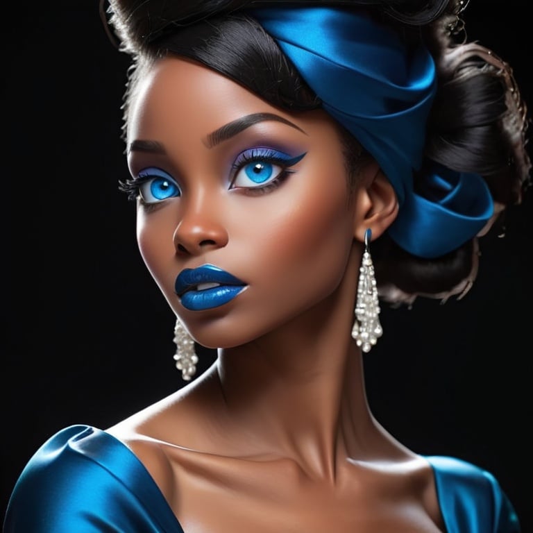 Prompt: Elegant black woman, striking blue eyes