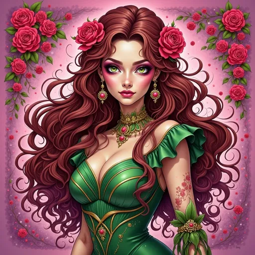 Prompt: a woman with long hair and flowers in her hair, wearing a green dress and a pink background with roses, Charlie Bowater, gothic art, highly detailed digital painting, a character portrait