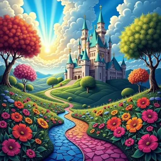 Prompt: Under a vibrant sky streaked with brilliant rays of light, a majestic castle rises on a lush, green hill, its many towers adorned with pointed, turquoise roofs. A winding, colorful pathway, painted in shades of blue, pink, and orange, flows through a garden bursting with oversized, vivid flowers and trees, each displaying fiery reds and cheerful yellows. The scene is set amidst fluffy, billowing clouds that add a whimsical touch to the serene landscape, suggesting a magical world filled with wonder and possibility. The overall atmosphere is none other than enchanting, evoking a sense of adventure and fairy-tale charm that invites viewers to imagine tales of royalty and fantastical creatures.