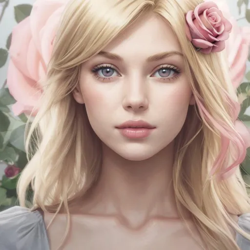 Prompt: blonde girl with pink rose