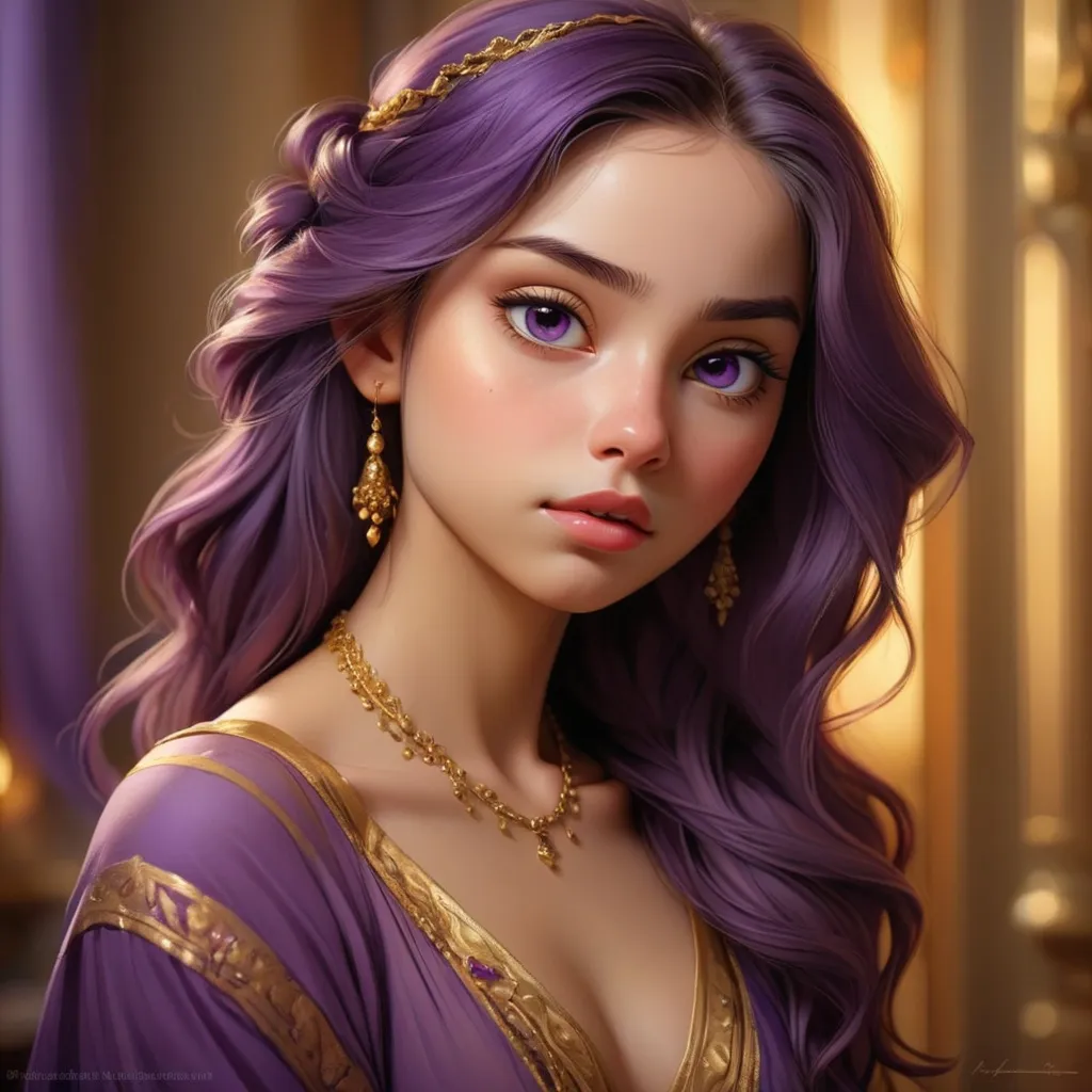 Prompt: beautiful young ,serene expression, detailed features, high quality, realistic, warm tones, soft lighting, elegant composition, dressed in purple and gold