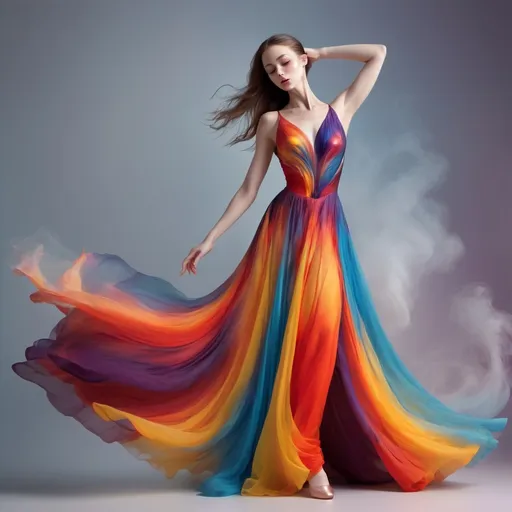 Prompt: A stunning digital artwork depicting a graceful ballerina in mid-pose, captured at the peak of her movement. She wears a magnificent, flowing dress that appears to be made of swirling, colourful smoke or liquid, creating a dynamic and ethereal effect. The dress transitions through a spectrum of vibrant colours, from deep purples and blues to fiery reds, oranges, and yellows, which seem to trail behind her as she dances. Her poised stance and the fluidity of her attire convey a sense of elegance and motion, with the dark background further emphasizing the bright, explosive colours of the dress. The image beautifully captures the essence of ballet combined with a surreal, almost magical atmosphere.