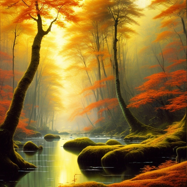 Prompt: Landscape painting, lush linden forest, small river, in autumn, sunlight, dull colors, danger, fantasy art, by Hiro Isono, by Luigi Spano, by John Stephens