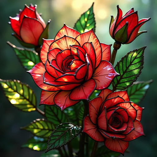 Prompt: (stained glass roses), vibrant colors, intricate patterns, luminous light filtering through, delicate petals crafted with precision, rich greens contrasting with bold reds and pinks, ethereal ambiance, captivating detail, (highly detailed) texture, ornate glass designs, warm lighting casting soft shadows, elegant and enchanting composition, timeless beauty, (4K) ultra-detailed craftsmanship.