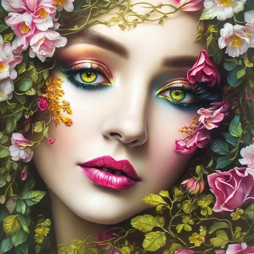 Prompt: Beautiful  hybrid woman with flowers sprouting from her, oil painting, detailed fiery eyes, ethereal glow, dark and mysterious, high quality, vibrant colors, surreal, haunting, intricate floral details, intense gaze, mystical atmosphere, oil painting, demon, hybrid, fiery eyes, ethereal, vibrant colors, surreal, haunting, floral details, intense gaze, mystical atmosphere