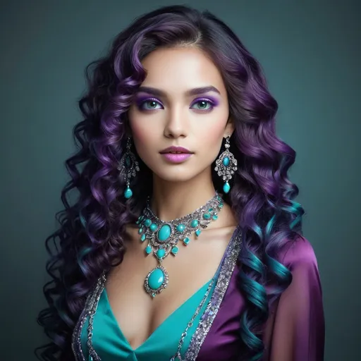 Prompt: <mymodel>An extremely gorgeous woman,  with turquoise jewels, in color scheme of purple, long curly hair