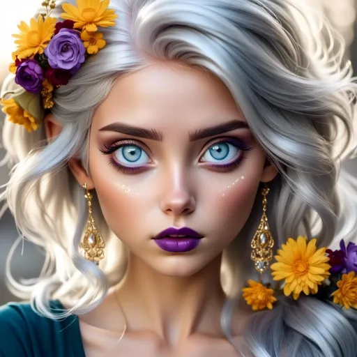 Prompt: <mymodel>Hypnotic bimbo  platinum  blonde   gold lips and purple eyeshadow 