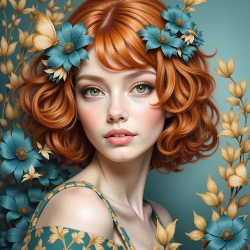 Prompt: a painting of a woman with red hair and green eyes and a butterfly in her hair, with a blue background, Anna Dittmann, fantasy art, highly detailed digital painting, a fine art painting