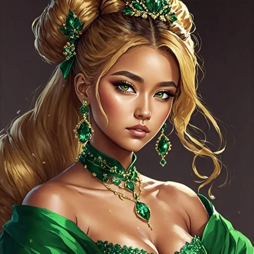 Prompt: <mymodel>Detailed illustration of a asian woman in vibrant green attire, large vivid green eyes, elegant makeup, digital painting, high resolution, realistic style, vibrant green, professional lighting