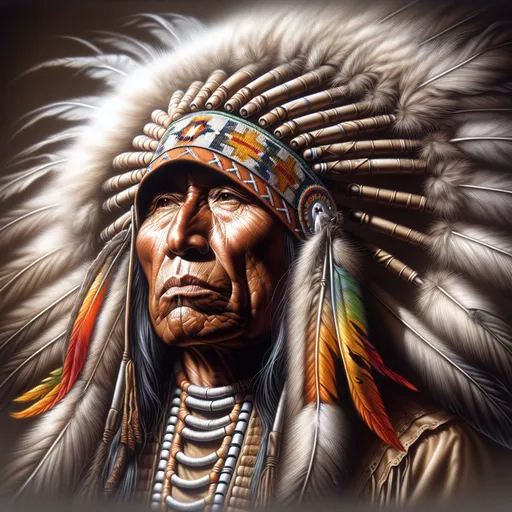 Prompt: a painting of an indian chief wearing a headdress and feathers on his head. Don Maitz, figurative art, highly detailed digital painting, an airbrush painting