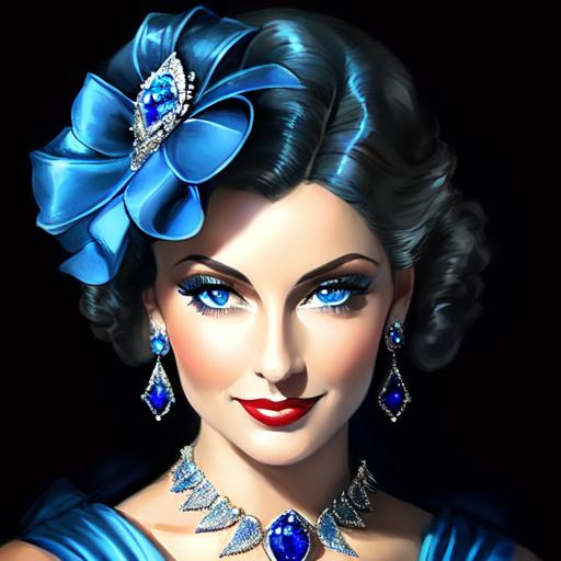 Prompt: Glamorously dressed lady of rhe 1930's wearing sapphire jewelry,blue eyes