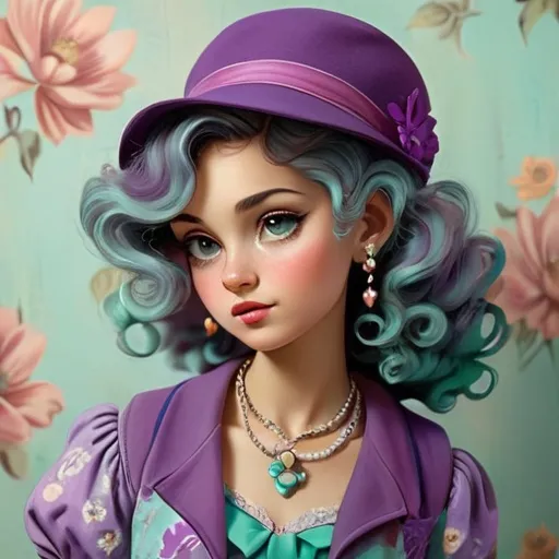 Prompt: Vintage-inspired illustration of a girl, purple and turquoise attire, retro theme, soft pastel color palette, nostalgic mood, detailed floral patterns on clothing, curly hair with vintage accessories, rustic background, artistic rendering, vintage, pastel tones, detailed clothing, curly hair, nostalgic, soft lighting