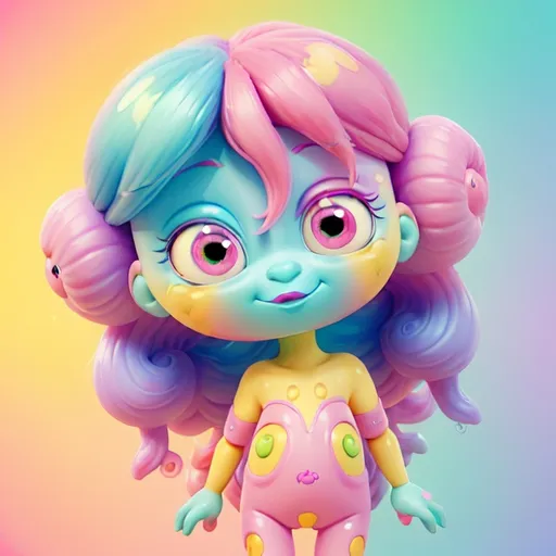 Prompt: Pastel alien doll in Lisa Frank style, vibrant and colorful, soft and cute features, glossy finish, high quality, detailed design, pastel colors, Lisa Frank style, cute and cheerful, glossy, soft features, vibrant colors