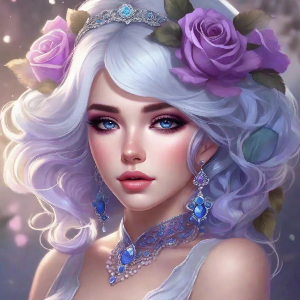 Prompt: A beautiful woman, white hair with pastel purple highlights, violet eyes, blue eyeshadow, pastel blue roses in her hair, blue jewels on forehead, cartoon style