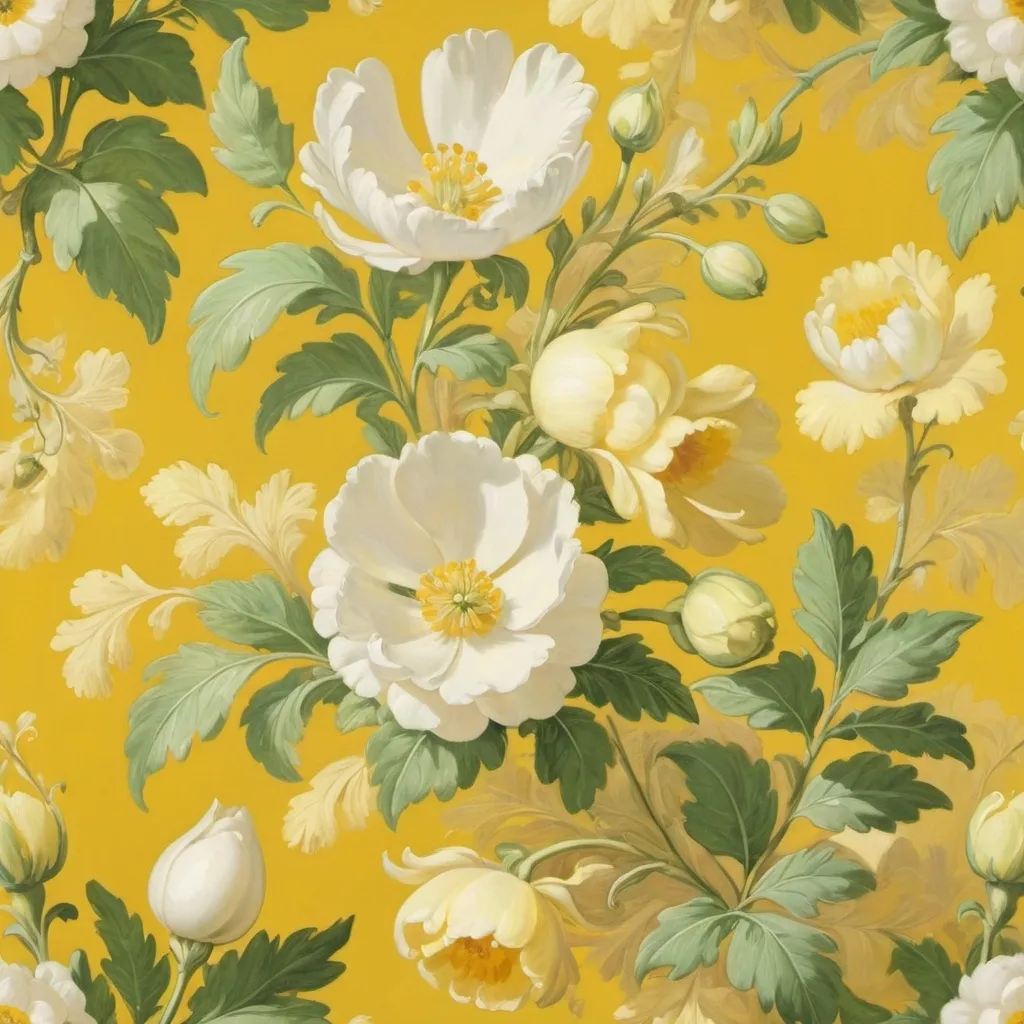 Prompt: a white and yellow flower with green leaves on a yellow background with a yellow background and a white and yellow flower, Annabel Kidston, rococo, artgem, a flemish Baroque