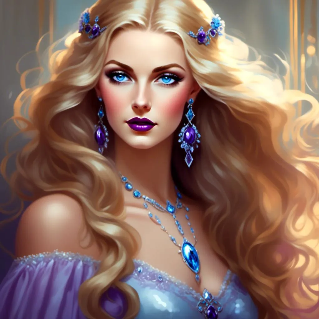 Prompt: <mymodel>Beautiful ethereal woman, long blonde hair,and icy blue eyes color, purple lipstick, facial closeup