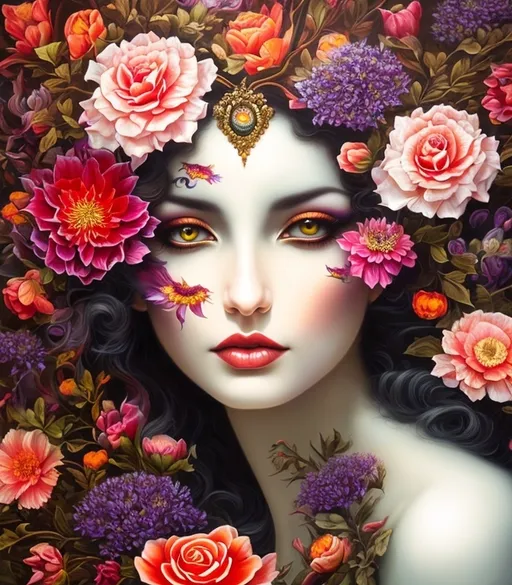 Prompt: Beautiful  hybrid woman with flowers sprouting from her, oil painting, detailed fiery eyes, ethereal glow, dark and mysterious, high quality, vibrant colors, surreal, haunting, intricate floral details, intense gaze, mystical atmosphere, oil painting, demon, hybrid, fiery eyes, ethereal, vibrant colors, surreal, haunting, floral details, intense gaze, mystical atmosphere